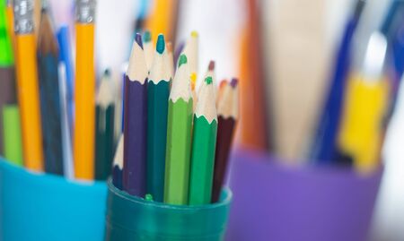learning activity development for children background colored pencils pencils pens in pencil case close-upの写真素材