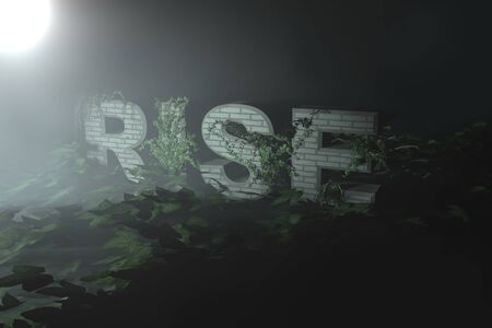 sun rise business dark background of ivy overgrown stone letters the inscription on the rise. concept business through difficulties startup 3D illustrationの写真素材