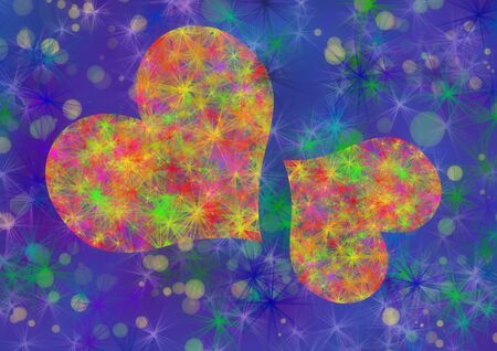 Two hearts together small and big multicolor cool purple bokeh stars background.の写真素材