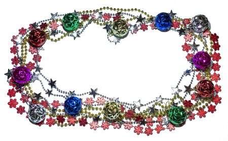 Christmas background silver red gold beads balls isolated white place under text