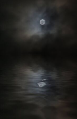moonlight night landscape clouds reflection in water. Night scene background.の写真素材