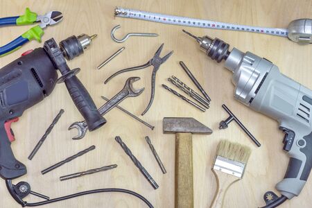 Flatl ey home repair household drill hammer nails drill pliers pliers brush. Handyman tools. House...