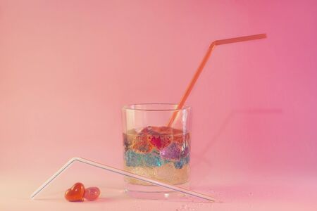glass of drink loving hearts. Valentine background close upの写真素材