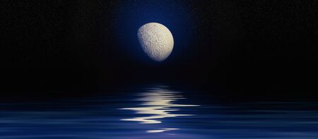 moonlight night landscape stars reflection in water 3D illustration. Night scene background. trend...