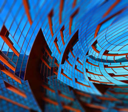modern building perspective distortion by twisting a new angle blue colorの写真素材