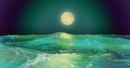 lunar seascape. night stars moonlight path sea waves. 3d renderの写真素材