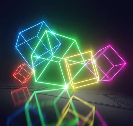 abstract background of neon cubes on dark. Dark neon background. Dark neon background. 3d renderingの写真素材