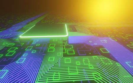 3d rendering technology background microchip high-tech future high-speed CPU motherboard. dark neon...