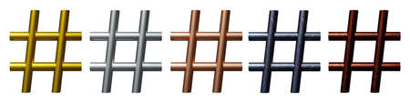 set of five hashtags with metal texture. isolated white. 3d render