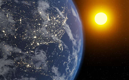 beautiful planet earth in space city lights solar disk. 3d render.の写真素材