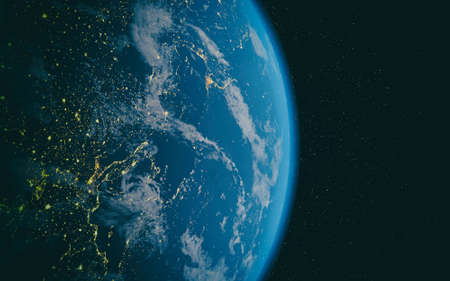beautiful blue planet earth in space city lights. 3d render.