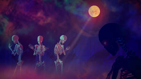 The risen skeletons the dead graves the moon horror mysticism religion 3d render
