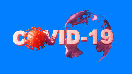 coronavirus on the background of the globe inscription covid-19. 3d render. isolated blue backgroundの写真素材