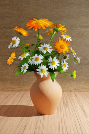 autumn and summer still life with daisies and orange calendula in a clay vase on a wooden backgroundの写真素材