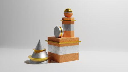 cube, hexagon and ball cone, cylinder, clay, metal, gold, different materials, the concept of the...