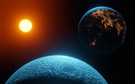 space close-up of the moon craters realistically further the planet earth the cities of Europe and Asia glow in the background the sun illuminates, 3d render, the earth and the moonの写真素材
