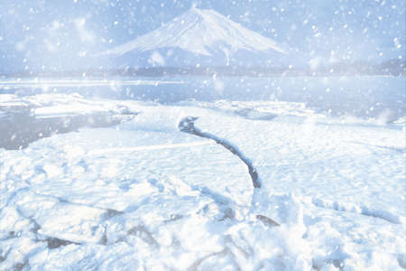 beautiful mountain landscape with lake falling snow christmas weather
