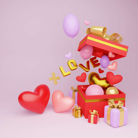 3d render illustration, valentine's day, beautiful composition with hearts. Modern greeting card...