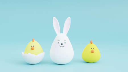 festive background for easter, easter white rabbit yellow chicken and chicken hatched in a shell blue background. 3d rendering, 3d illustrationの写真素材