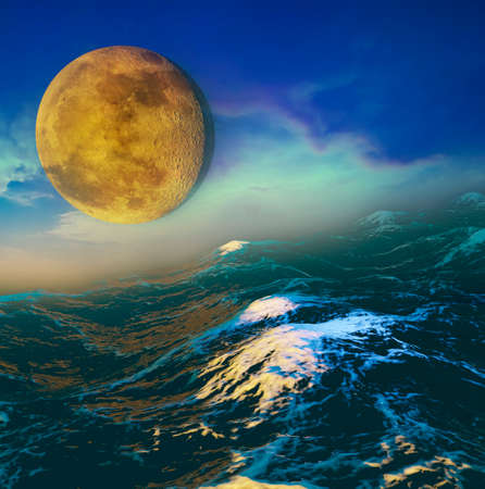 beautiful fantastic landscape of the night sky moon and ocean sea. 3d renderingの写真素材
