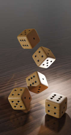 Playing cubes on a wooden background. the concept of the game. throw a die on the table board game...