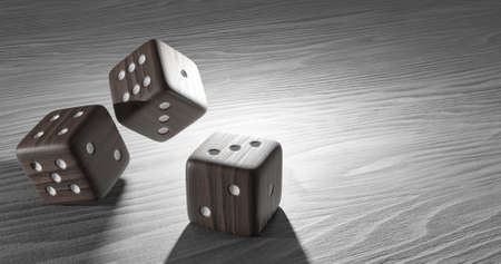 playing wooden cubes. throw a die on the table board game wooden background. 3d renderingの写真素材