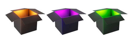 Set three opened magic boxes dark light from inside. 3d rendering, 3d illustration