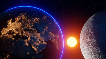 The concept of protecting life on the planet. beautiful cosmic background earth vs moon solar disk...