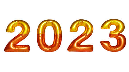 inflatable numbers gold 2023 year inscription greeting for design, isolated white, 3d illustration