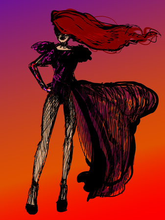 Sketch style drawn girl, free hand style, fashion illustrationのイラスト素材