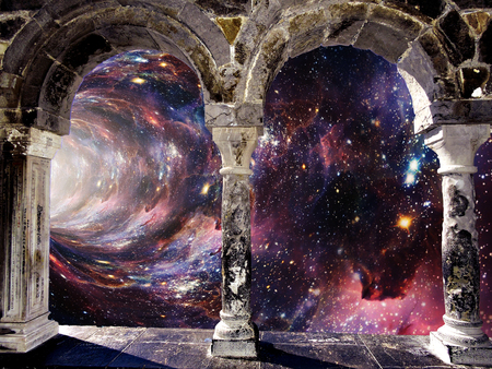 Old stone archway portal, wormhole futuristic view in spaceの写真素材