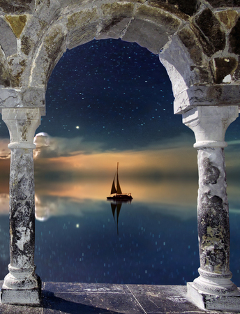 Fantastic boat silhouette sailing on clouds, old stone archway portal, futuristic and fantastic valley landscape with starsの写真素材