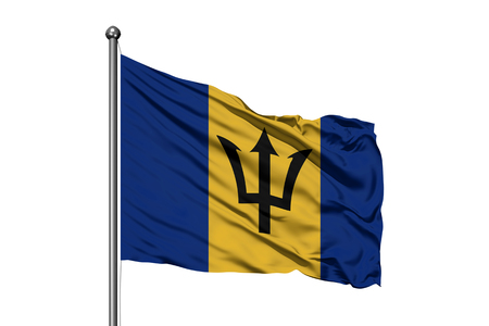Flag of Barbados waving in the wind, isolated white background. Barbadian flag.の写真素材