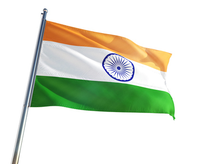 India National Flag waving in the wind, isolated white background. High Definitionの写真素材