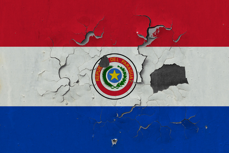 Close up grungy, damaged and weathered Paraguay flag on wall peeling off paint to see inside surface.の写真素材