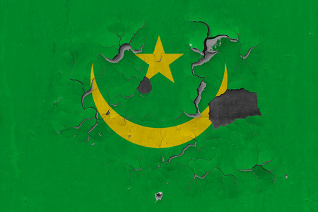 Close up grungy, damaged and weathered Mauritania flag on wall peeling off paint to see inside surface.の写真素材