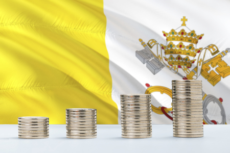Vatican City flag waving in the background with rows of coins for finance and business concept. Saving money.の写真素材