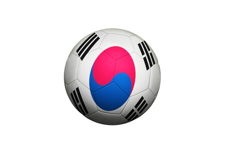 South Korea flag on ball at corner kick position, soccer field background. National football theme on green grass.の写真素材