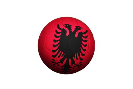 Albania flag on ball at corner kick position, soccer field background. National football theme on green grass.の写真素材