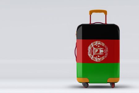 Afghanistan flag on a stylish suitcases back view on color background. Space for text. International travel and tourism concept. 3D rendering.の写真素材