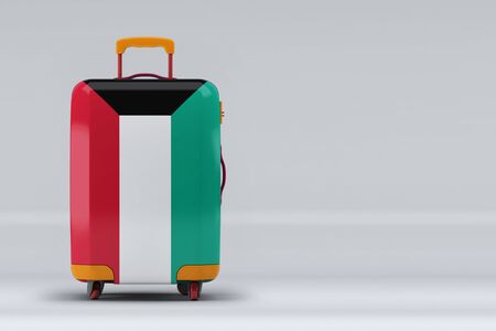 Kuwait national flag on a stylish suitcases on color background. Space for text. International travel and tourism concept. 3D rendering.の写真素材