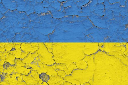 Ukraine flag close up grungy, damaged and weathered on wall peeling off paint to see inside surface. Vintage concept.の写真素材