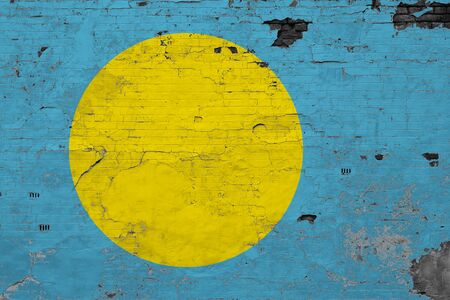 Palau flag on grunge scratched concrete surface. National vintage background. Retro wall concept.の写真素材