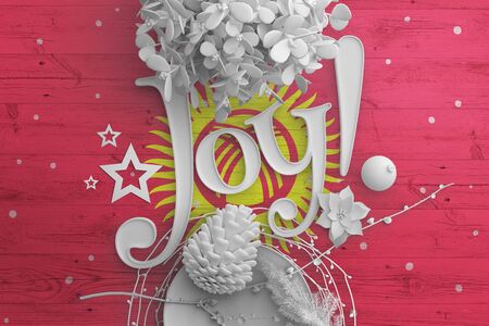 Kyrgyzstan flag on wooden table with Joy text. Christmas and new year background, celebration national concept with white decor.の写真素材