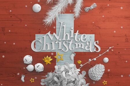 Switzerland flag on wooden table with White Christmas text. Christmas and new year background, celebration national concept with white decor.の写真素材