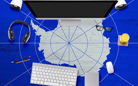 Antarctica flag background with headphone,computer keyboard and mouse on national office desk...