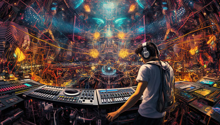 Hightech future of music and dance and djing in festivals with hitech music in psychedelic atmosphere.の素材