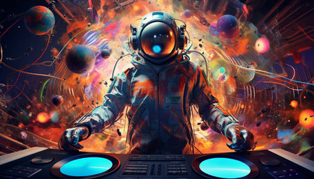 Hightech future of music and dance and djing in festivals with hitech music in psychedelic atmosphere.の素材