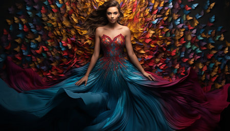 Fashion photo of a beautiful woman in a luxurious evening dress with colorful fabric.の素材