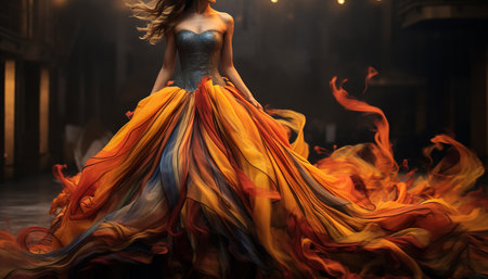 Fashion photo of a beautiful woman in a luxurious evening dress with colorful fabric.の素材